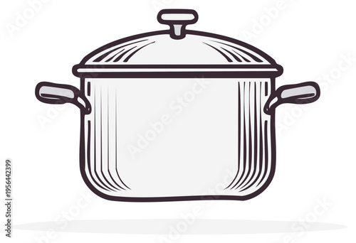 Classic cooking pot with handles and lid illustration in a simplified linear drawing style