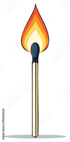 Cartoon illustration of a burning matchstick with bright flames and detailed drawing.