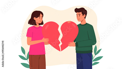 Couple repairing broken heart together symbolizing reconciliation relationship healing love support and emotional recovery minimal line art illustration
