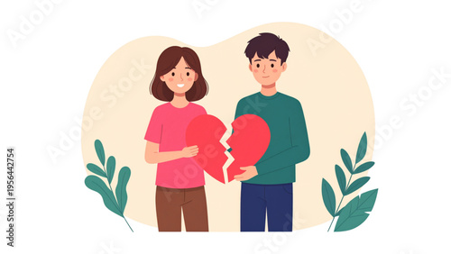 Man and woman fixing broken heart symbol of forgiveness emotional healing and relationship recovery minimal clean line art vector illustration