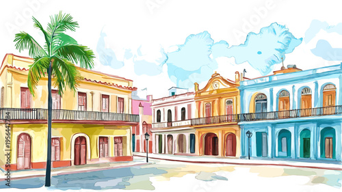 Havana Old Town. Havana Old Town hand drawn watercolor illustration