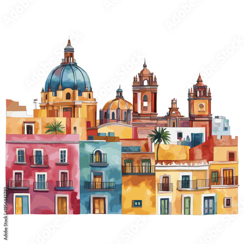 Mexico City Historic Centre. Mexico City Historic Centre hand drawn watercolor illustration