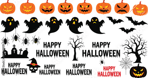 Black and white vector illustration of Halloween graphics including pumpkins, ghosts, spiders, bats, graveyard, and “Happy Halloween” text, perfect for spooky seasonal design themes.