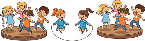 Happy Kids Playing and Jumping Rope Together Set with Children Dancing on Stage Cartoon Vector Illustration
