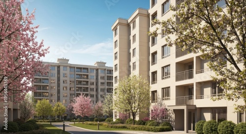 Modern Apartment Buildings with Spring Blossoms and Greenery.