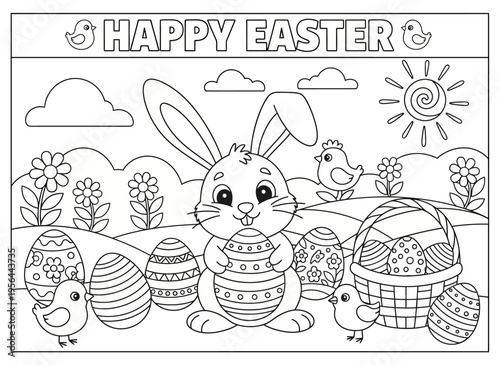 A smiling bunny surrounded by eggs and chicks in a sunny Easter scene with flowers and a basket