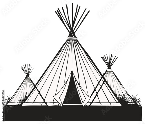 Graphic black and white vector illustration of a traditional teepee encampment