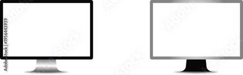 Modern computer monitor vector illustration set featuring black and silver desktop screens for digital workspace visualization isolated on transparent background art