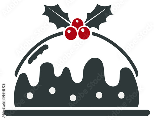 Christmas pudding with holly berries, vector illustration. Festive dessert for holiday season
