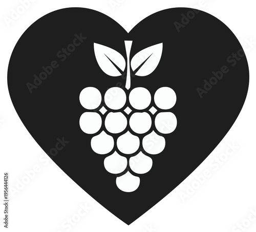Heart shape with white grape cluster and leaves graphic icon
