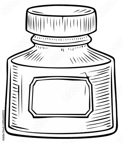 Illustration of ink bottle, vintage style, with blank label. Drawing of ink bottle for text.