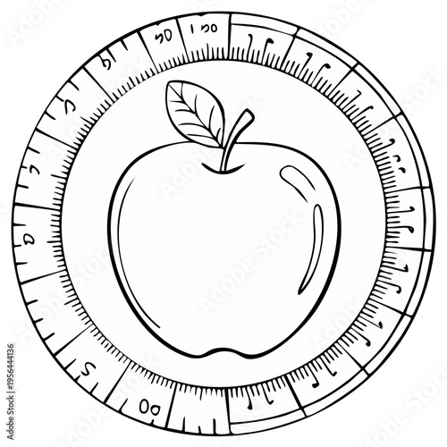 Hand drawn apple inside a circular measuring tape with numerical markings representing progress