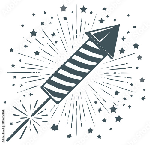 Retro style rocket launching with stars and burst effect, celebration vector design