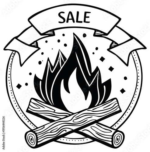 Campfire sale graphic with banner and rustic firewood illustration