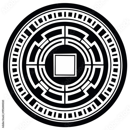 Circular Ancient Geometric Symbol Black and White Maze Pattern