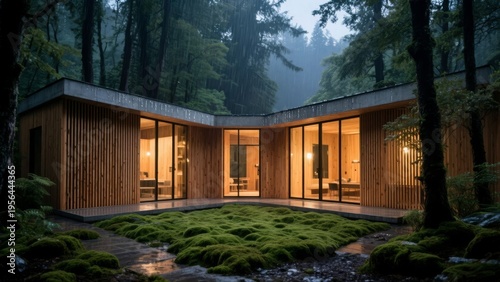 Minimalist forest retreat under rainfall with luminous indoor spaces