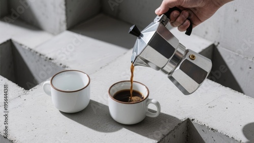 Person pouring espresso from moka pot into white cups on stone steps