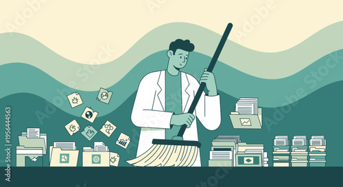 Digital Data Cleanup: Man Sweeping Away Files and Documents for Organized Information Management