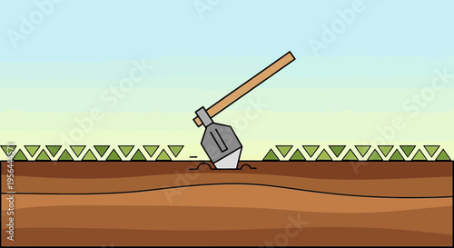Digital depiction of a gardening hoe penetrating the fertile soil under a clear blue sky