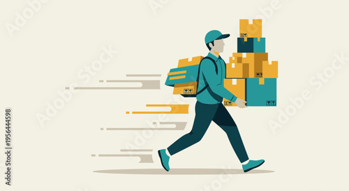 Delivery service concept featuring a running courier carrying a large stack of packages showing