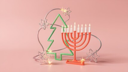 1. Minimal christmas and hanukkah holiday decor with glowing lights on pink background