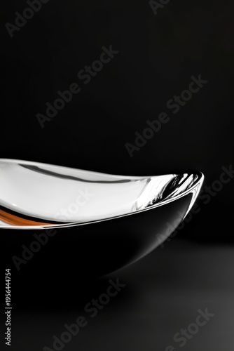Minimal reflective silver bowl closeup on black background for modern tableware background