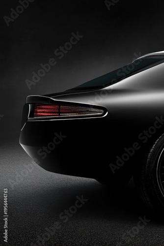 Glossy black classic sports car rear quarter with curved tail light for luxury automotive poster and background