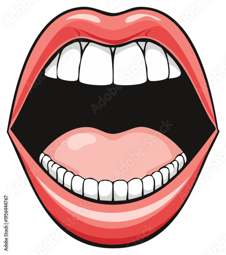 Vibrant Red Lips Mouth Wide Open Showing Pearly White Teeth and Pink Tongue