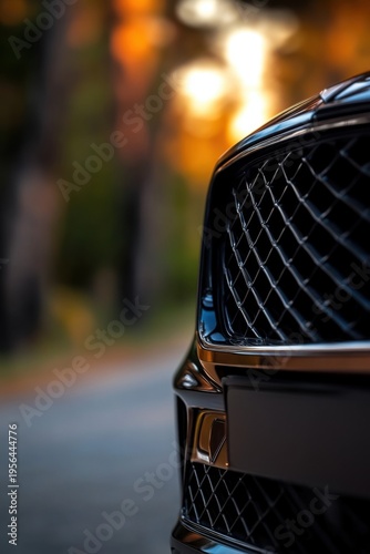 Front grille closeup with diamond mesh and bokeh sunset background for automotive wallpaper and luxury vehicle banner design