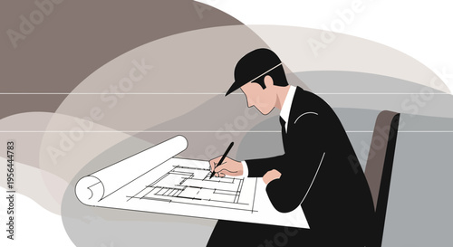 Detailed architectural planning: An architect meticulously drafting building layouts and floor plans