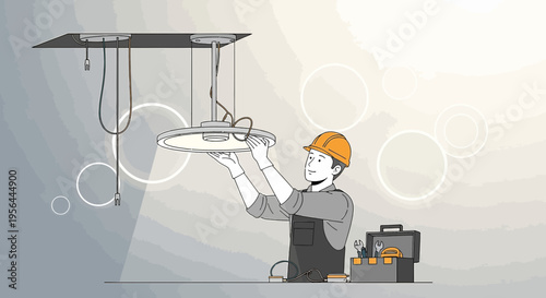 Detailed line art illustration depicting an electrician installing ceiling light fixture safely in
