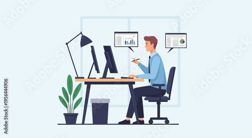 Digital analyst working with data visualization and financial reports on multiple displays