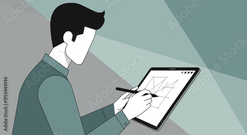 Digital artist creating abstract geometric sketch on tablet with stylus in modern workplace