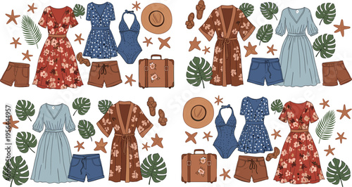 Summer Women Clothing Outfit Vector Set with Dresses Shorts Swimsuits Hats Suitcase and Tropical Leaves for Vacation Fashion Illustration and Travel Wardrobe Collection