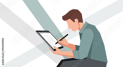 Digital artist creating designs on a tablet using a stylus in a modern style illustration