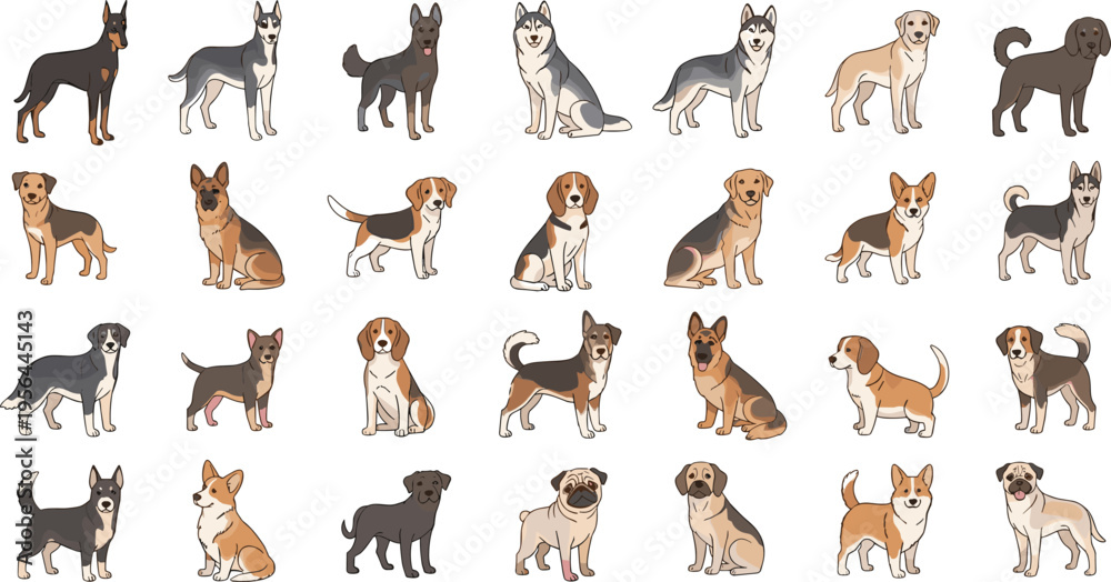 Obraz premium Cute Dog Breeds Vector Icon Set with Cartoon Puppy Characters Standing in Different Poses for Pet Care Veterinary Illustration and Domestic Animal Collection Design