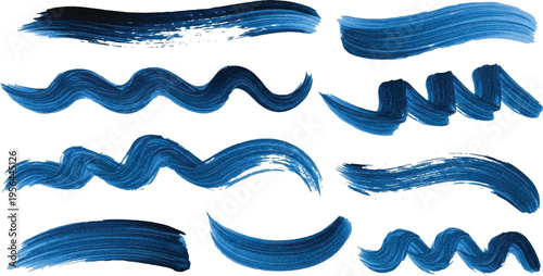 A vibrant set of hand-drawn brush strokes in a deep blue acrylic style. Featuring thick textures, wavy lines, and expressive paint smears.
