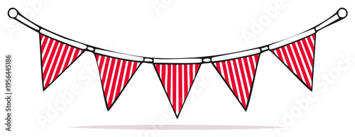 Red and white striped triangular pennant banner decorations strung on a cord for celebrations