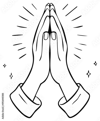 Hands clasped in prayer with radiating light and sparkles symbolizing hope and faith