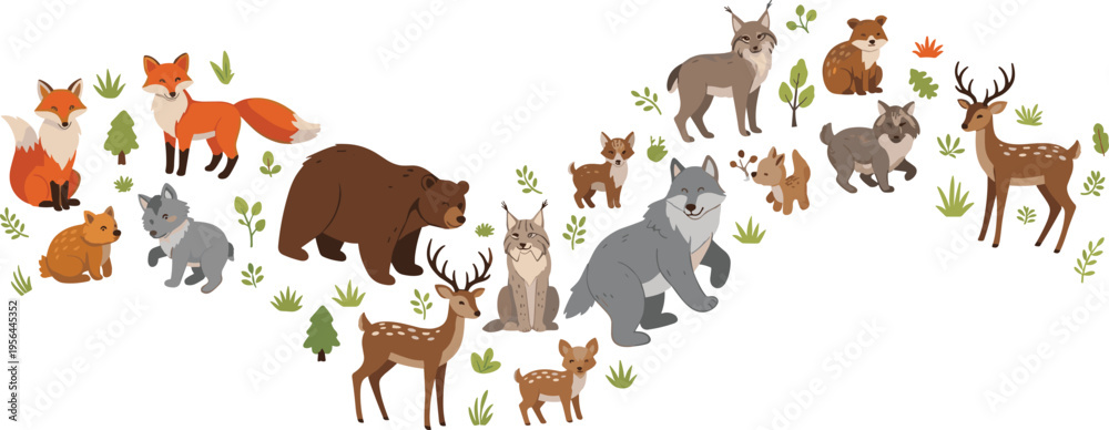 Fototapeta premium Forest Animals Group with Bear Fox Wolf Deer and Rabbits, Cartoon Woodland Wildlife Collection for Nature Illustration and Kids Design Scene