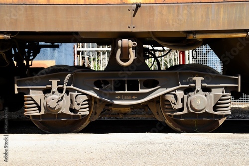 Close-Up of Train Wheel and Suspension System, Steel Bogie with Brake Components