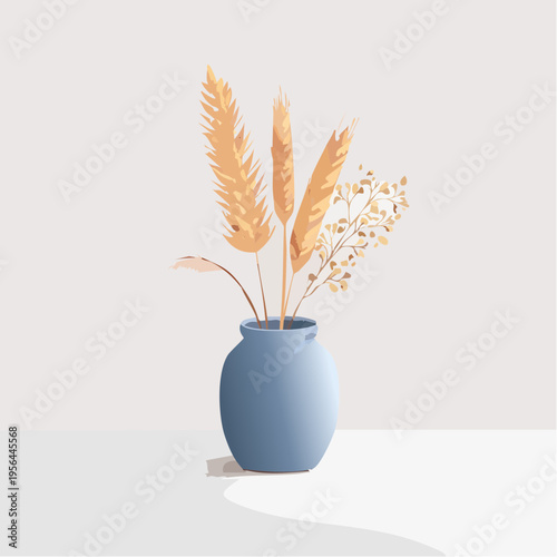 Minimalistische Vase mit Trockenblumen auf hellem Hintergrund
