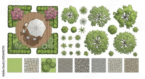 Backyard Garden Landscape Design with Swimming Pool and Outdoor BBQ Area Top View

