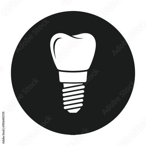 Dental implant screw with tooth crown on black circle background