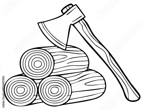 Axe and Log Pile Illustration Black and White Outline