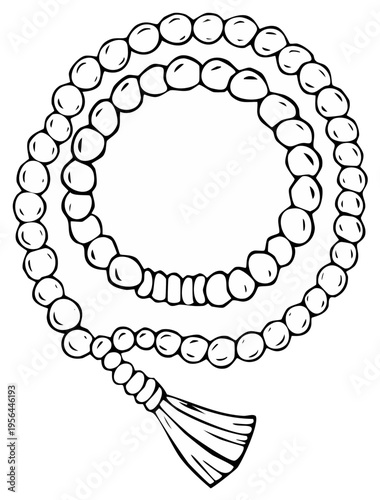 Ink drawing of a rosary or mala necklace with a tassel