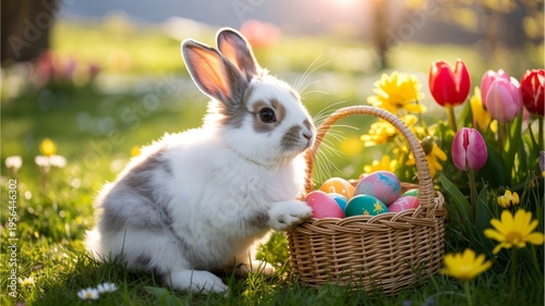 Adorable Easter Bunny Basket with Colorful Eggs and Spring Garden Flowers