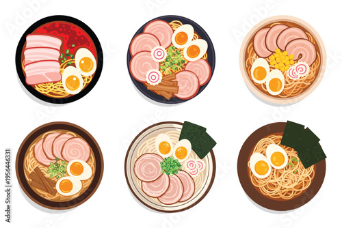 High-quality illustration of assorted Asian noodle bowls with a focus on Japanese ramen and udon. Designed in a flat lay style for modern food branding and creative use.