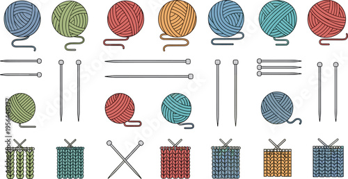 Knitting Tools and Yarn Set with Needles Wool Balls and Fabric Samples, Craft Hobby Collection for Sewing, Textile, and Handmade Illustration Design