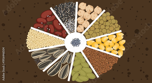 Diversity of seeds and grains beautifully arranged in circular design on earth background